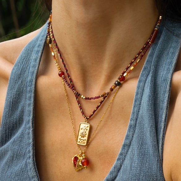 1 Piece Tarot Stainless Steel  Gold Color Natural Stone Beaded Necklace 2