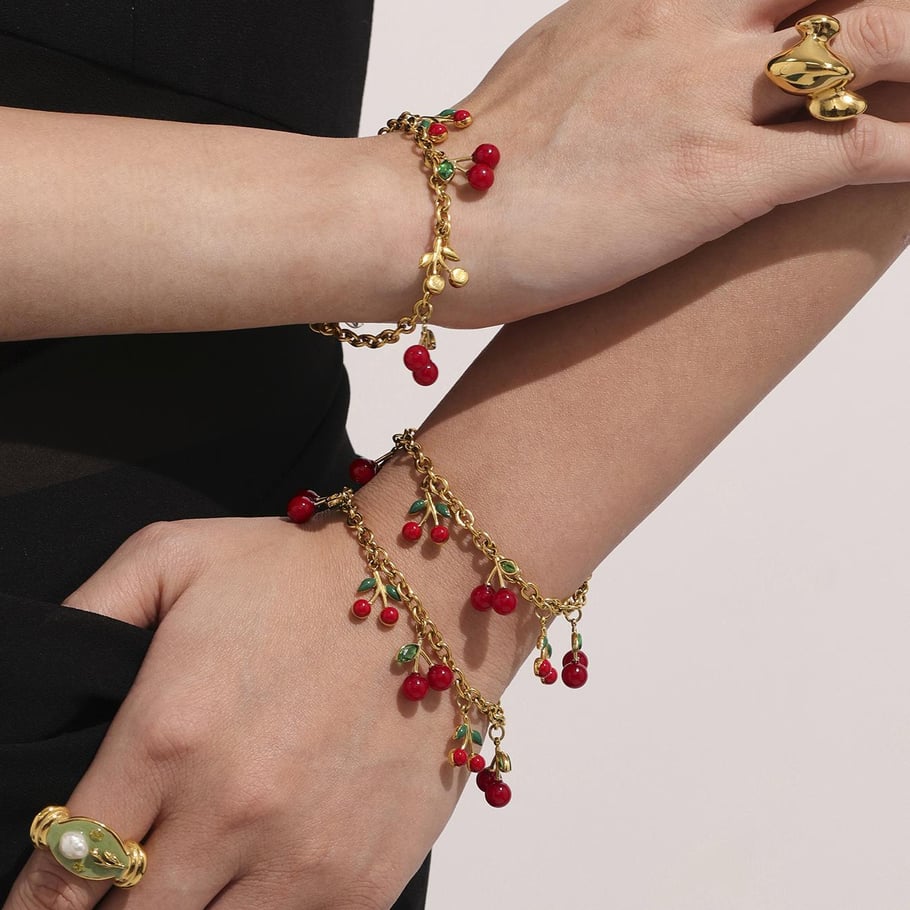 Set di gioielli da donna color oro in acciaio inossidabile color ciliegia dolce, 1 pezzo Immagine5