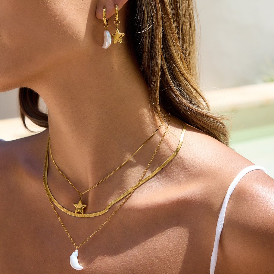Conjunto de joyería clásica de acero inoxidable con perlas de agua dulce de 1 pieza, sol y luna, para mujer Imagen6