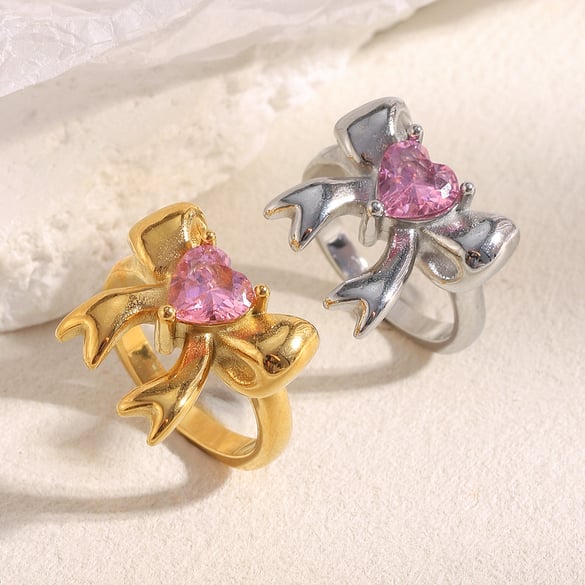 Bague pour femme en acier inoxydable et zircone, série simple, joli nœud papillon, pierres précieuses