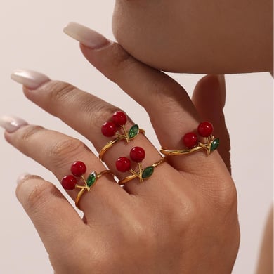 1 Piece Romantic Cherry Stainless Steel Gold Color Statement Rings h5 Picture5