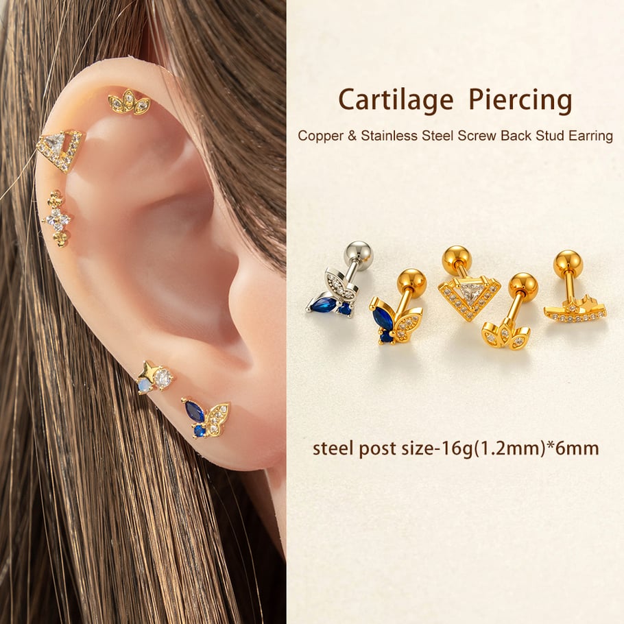 1 stuk vlinder koper goudkleurige zirkoon piercing oorbel Afbeelding4