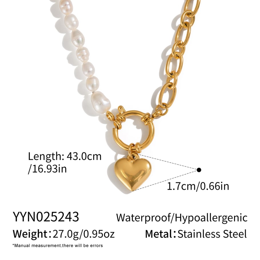 Collana con perle in acciaio inossidabile a forma di cuore, 1 pezzo 