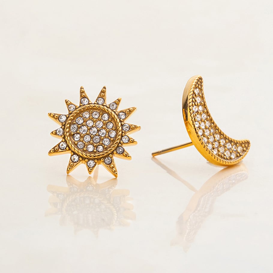 1 Pair Delicate Sun&Moon Stainless Steel Gold Color Women's Stud Earrings Picture6