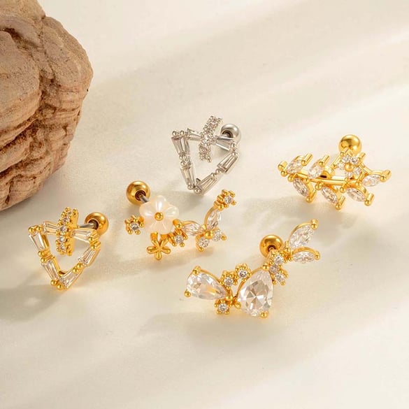 1 Piece Heart Copper Gold Color  Zircon Piercing Earring 2
