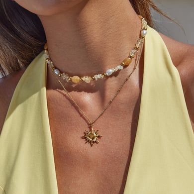 Collar de capas de acero inoxidable color dorado con diseño de sol bohemio para mujer de 1 pieza h5 Imagen5