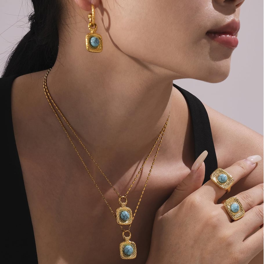 Set di gioielli da donna in pietra naturale color oro con motivo rettangolare retrò turchese in acciaio inossidabile Immagine3