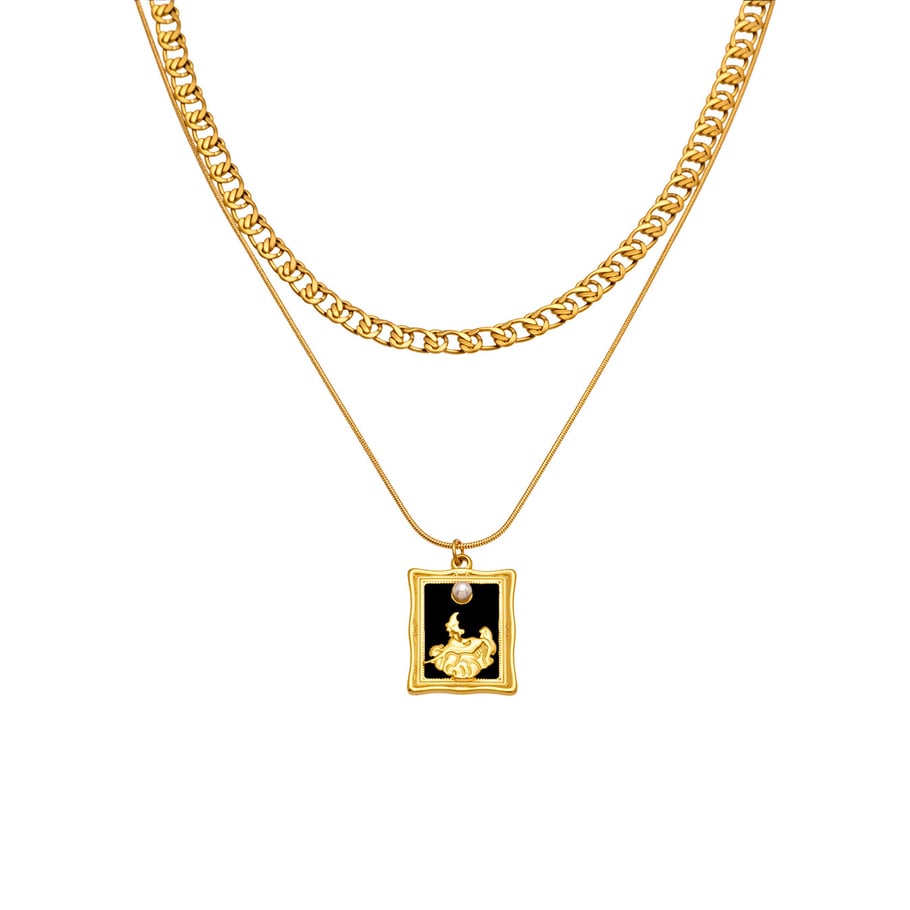Collana a strati da donna in acciaio inossidabile color oro, 1 pezzo, con forma rettangolare retrò 