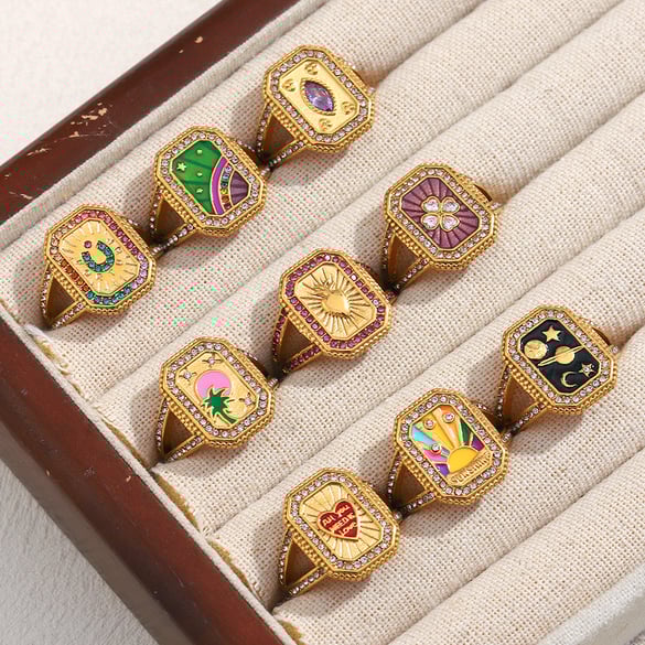 Bague de déclaration rétro en acier inoxydable couleur or avec motif de tarot, 1 pièce