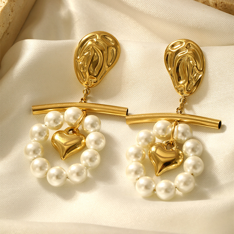 1 paio di orecchini pendenti in acciaio inossidabile color oro con cuore retrò della serie Romantic Immagine4
