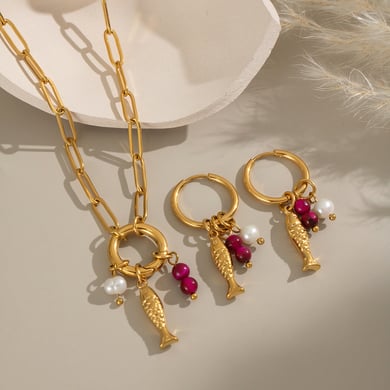 Fish Stainless Steel Gold Color Necklace Set h5 Picture4
