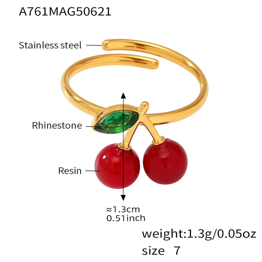 1 Piece Romantic Cherry Stainless Steel Gold Color Statement Rings Picture2
