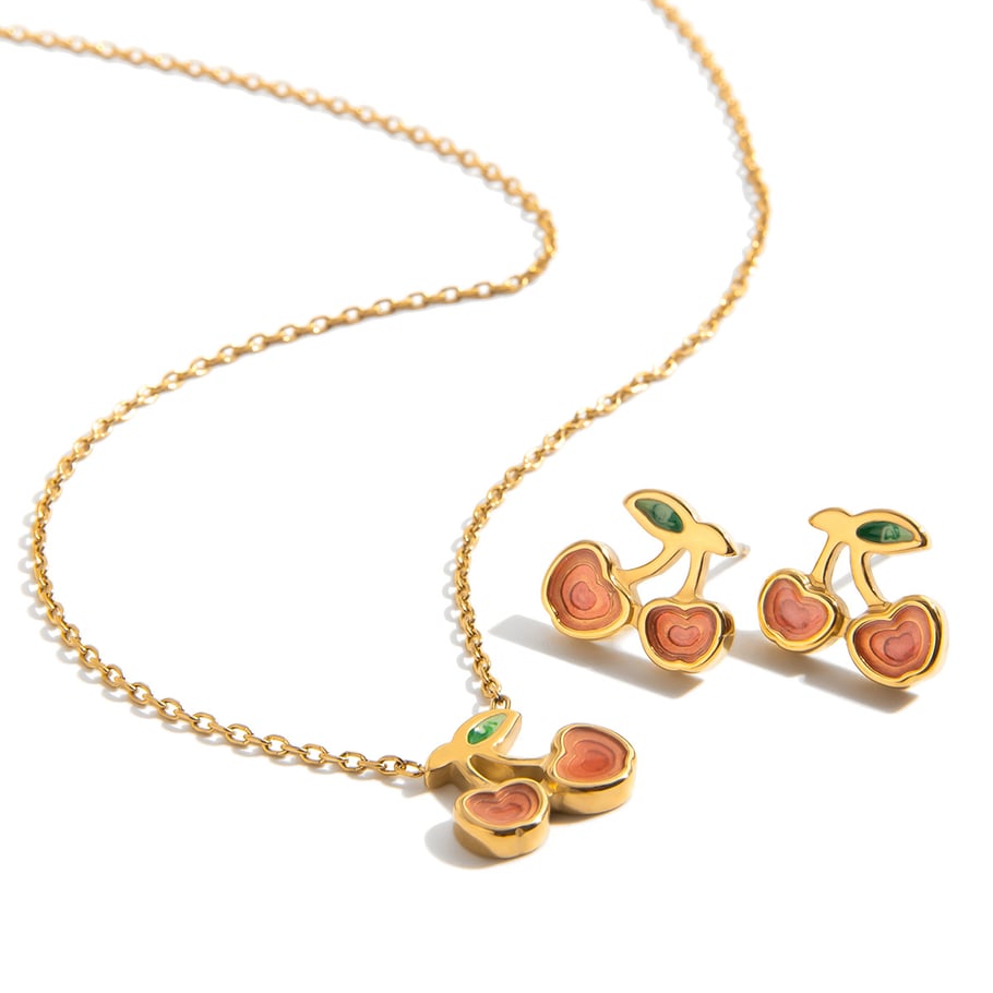 Conjunto de joyería para mujer de 1 pieza de acero inoxidable color dorado con cereza natural Imagen8