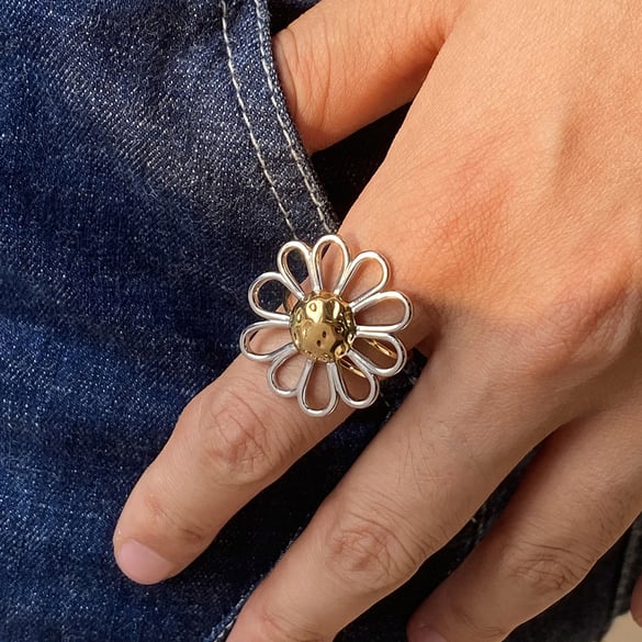 1 Piece Minimalist Flower Stainless Steel Gold Color Statement Rings 2