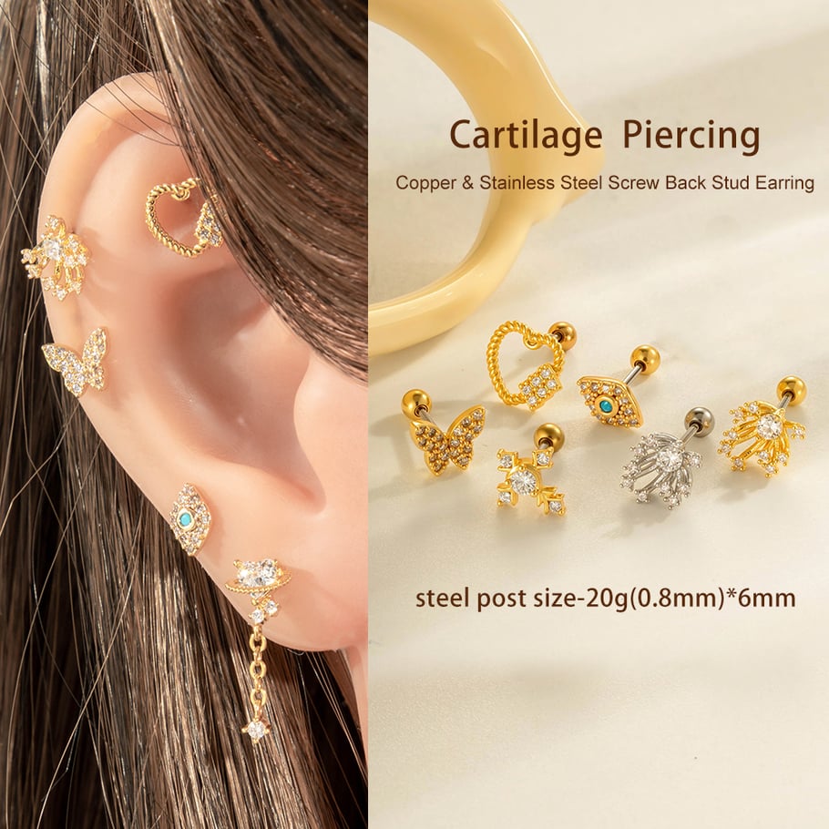 1 Piece Heart Copper Gold Color Zircon Piercing Earring h5Picture4