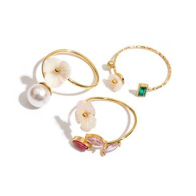 1 Piece Lustrous Shell Flower Stainless Steel Gold Color Women's Gemstone Rings h5 Picture9