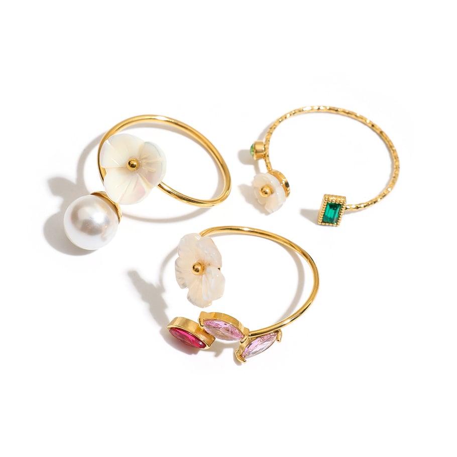 1 Piece Lustrous Shell Flower Stainless Steel Gold Color Women's Gemstone Rings Picture9