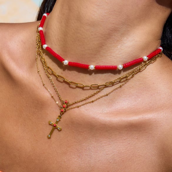 Collier luxueux en acier inoxydable doré avec croix rouge pour femme, 1 pièce