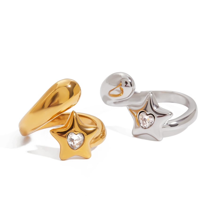 Anillos llamativos de acero inoxidable color oro blanco con diseño de estrella de 1 pieza Imagen7