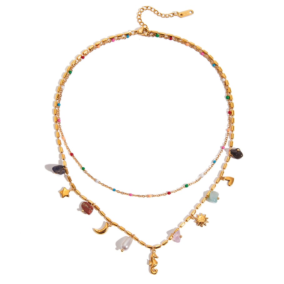 Collar en capas de acero inoxidable dorado con diseño de caballito de mar de vacaciones para mujer de 1 pieza Imagen8