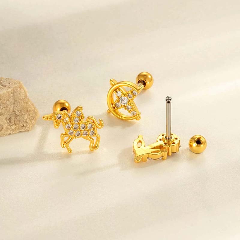 1 pieza de pendientes perforantes de unicornio de cobre, dorado y circonita para mujer. Imagen3