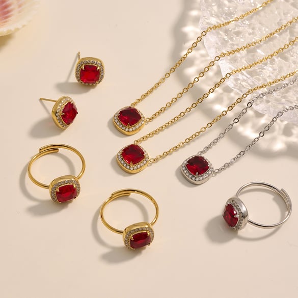 1 Piece Classic Square Stainless Steel Gold Color Red Zircon Women's Jewelry Sets