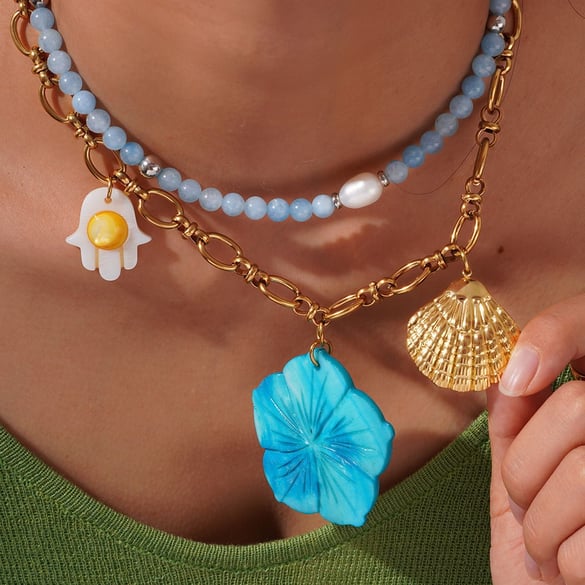 1 pezzo di collana con ciondolo da donna in stile vacanza con fiori blu e pietre naturali