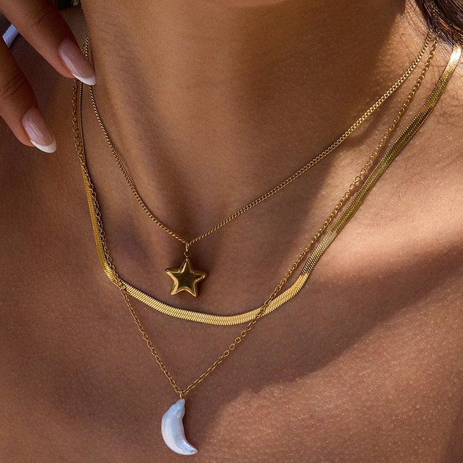 Conjunto de joyería clásica de acero inoxidable con perlas de agua dulce de 1 pieza, sol y luna, para mujer Imagen4