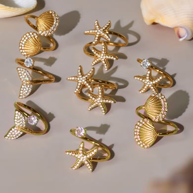 1 pezzo di anello con pietre preziose da donna in acciaio inossidabile color oro a forma di stella marina oceanica h5 Immagine2