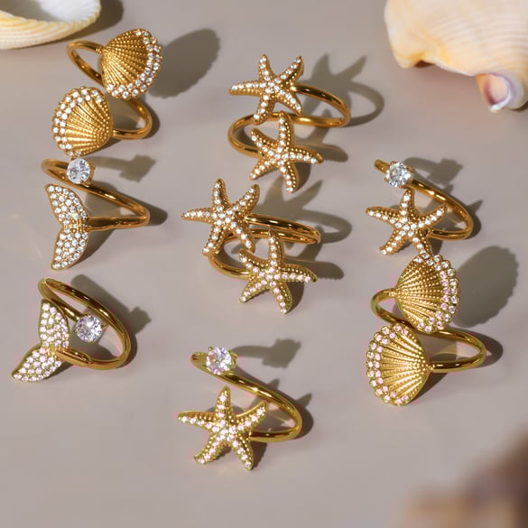 1 Piece Oceanic Starfish Stainless Steel Gold Color Women's Gemstone Rings