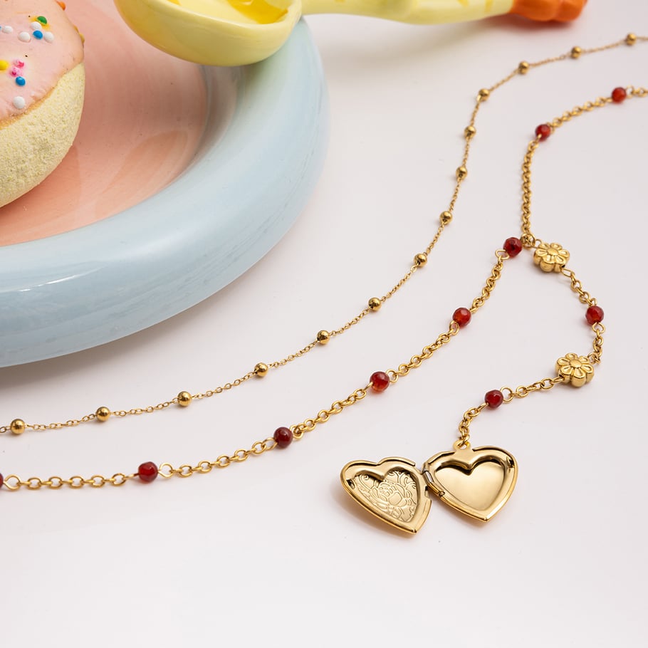 Collier multicouches sophistiqué en acier inoxydable doré pour femme, 1 pièce, motif cœur Image5