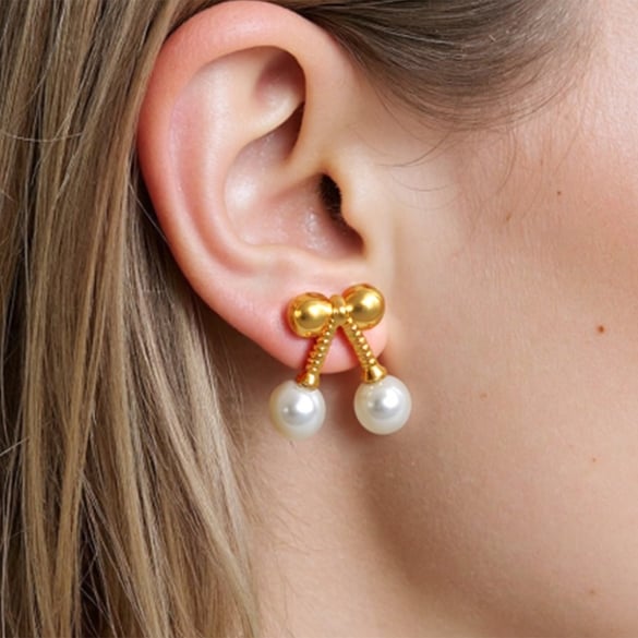 1 Pair Sweet Cherry Stainless Steel  Gold Color  Women's Stud Earrings
