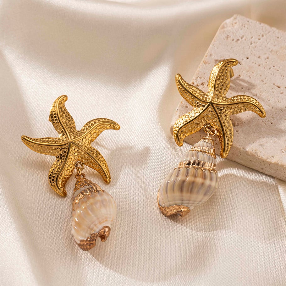 1 Pair Starfish Stainless Steel Gold Color Shell Drop Earrings Picture3
