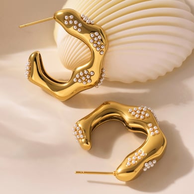 1 paio di orecchini a cerchio da donna in acciaio inossidabile color oro dalla forma irregolare della serie classica h5 Immagine5