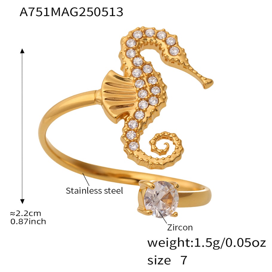 1 Piece Vacation Sea Horse Stainless Steel Gold Color Statement Rings 