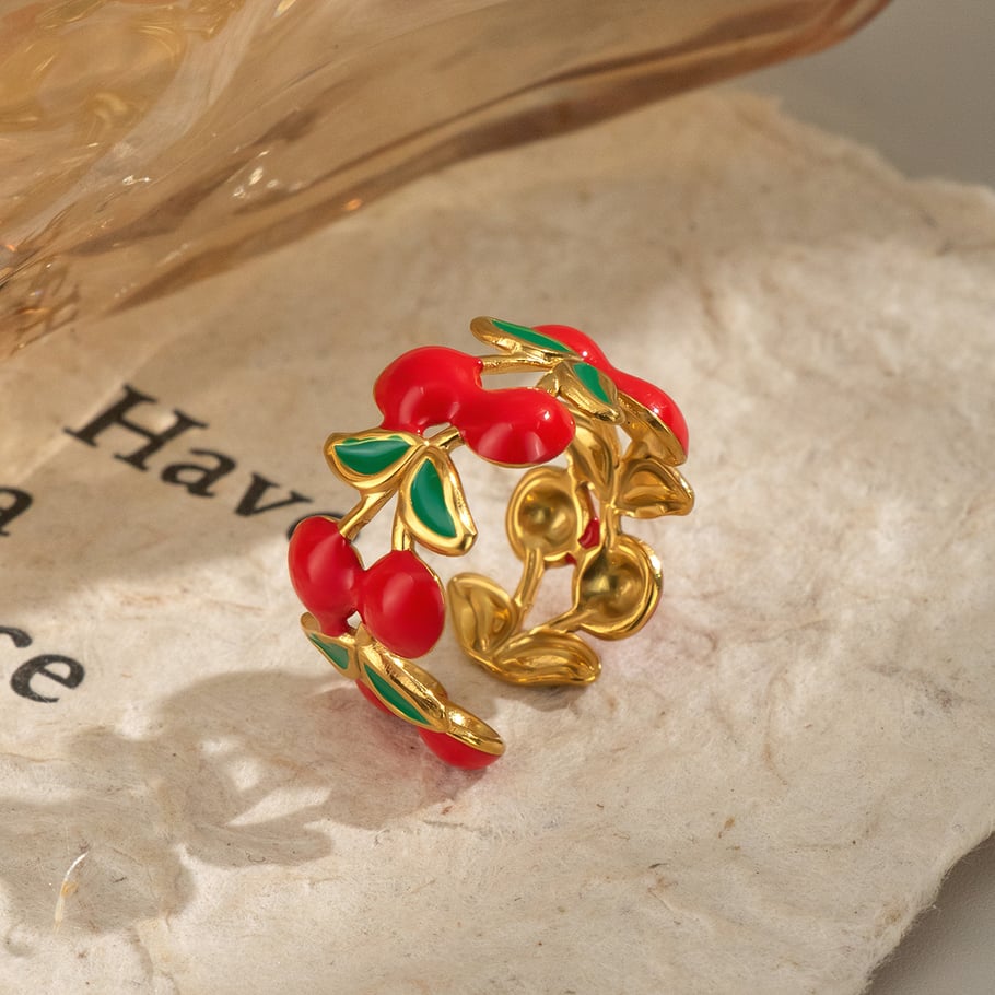 Anelli statement color oro in acciaio inossidabile con ciliegia dolce, serie romantica, 1 pezzo Immagine4