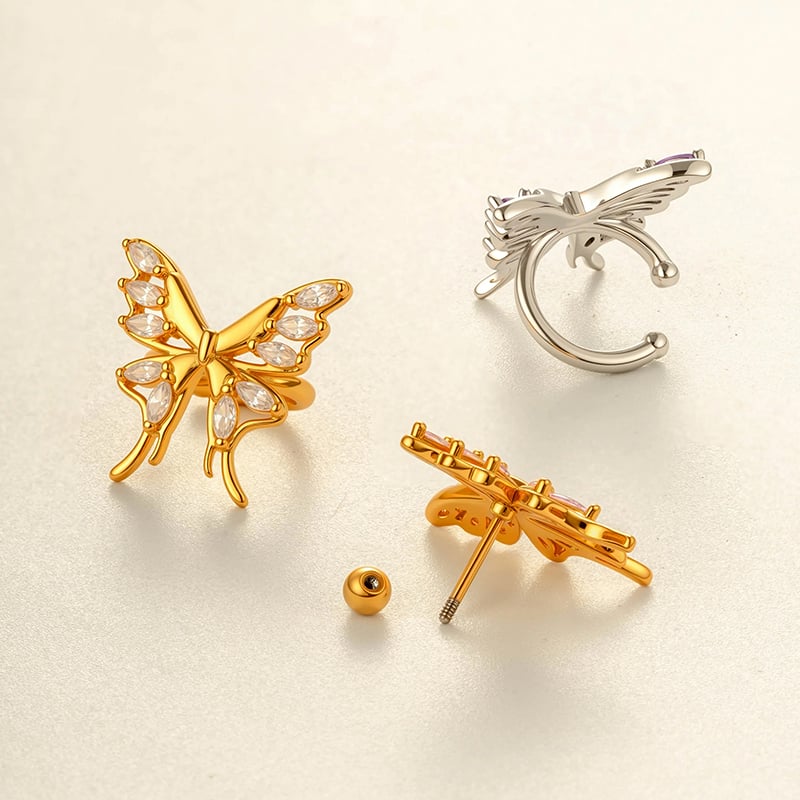 1 stuk vlinder koper goudkleurige zirkoon piercing oorbel Afbeelding3