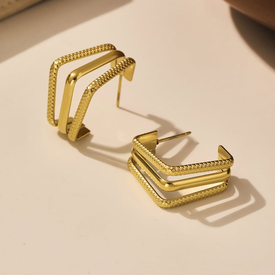 1 paio di orecchini a cerchio da donna in acciaio inossidabile color oro, rettangolari e minimalisti Immagine5