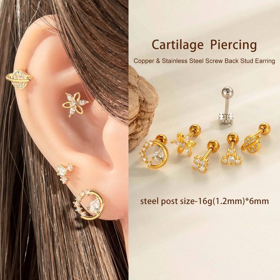 1 Adet Çiçek Bakır Altın Rengi Zirkonyum Piercing Küpe Resim4