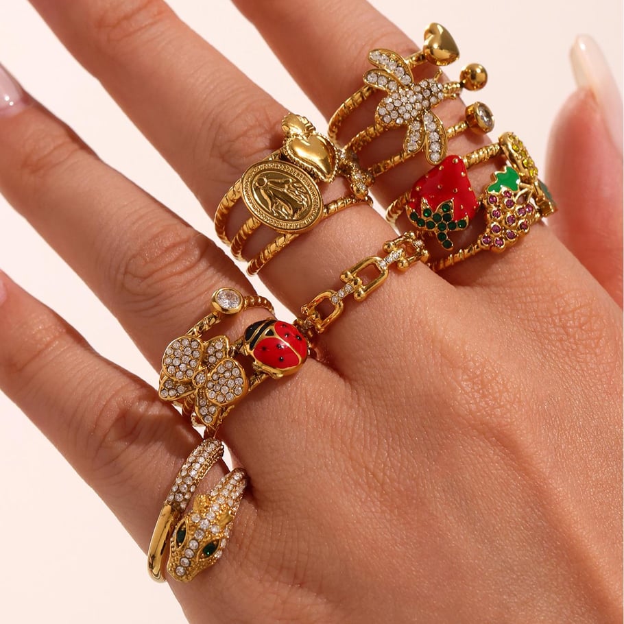 1 Piece Vivid Fruit Stainless Steel Gold Color Statement Rings Picture6