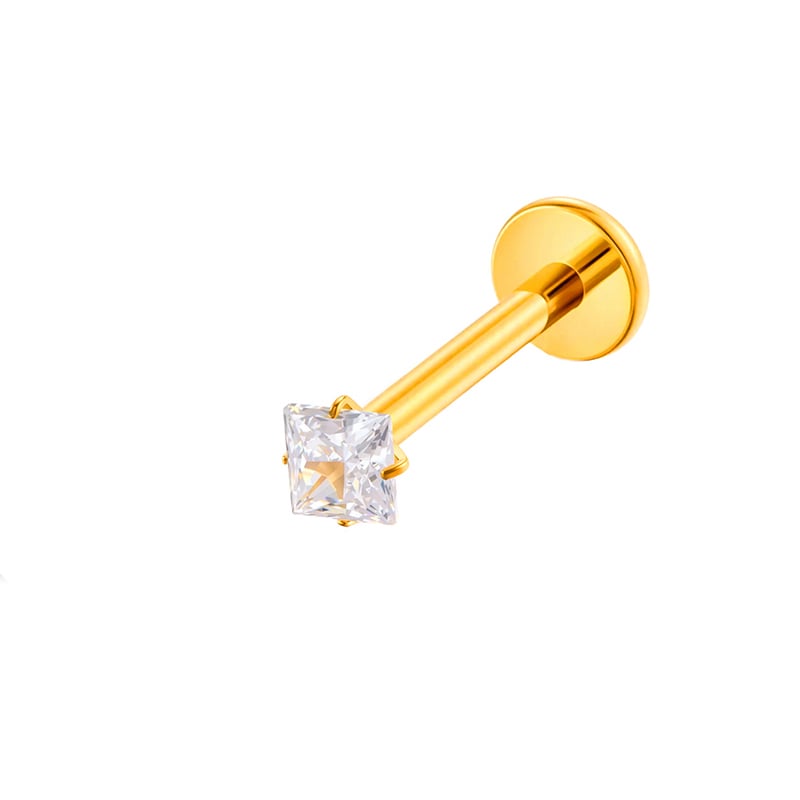 1 Adet Dikdörtgen Titanyum Alaşımlı Altın Renkli Zirkonyum Piercing Küpe 