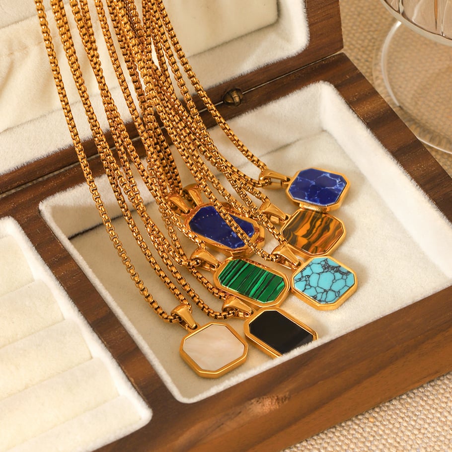 1 Piece Simple Series Daily Rectangle Stainless Steel Natural Stone Women's Pendant Necklaces h5Picture7