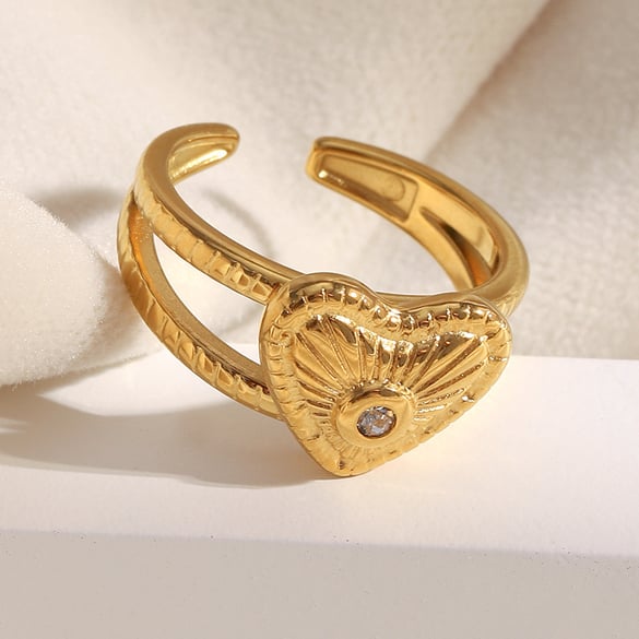 Bague simple en acier inoxydable couleur or, style décontracté, motif cœur 2