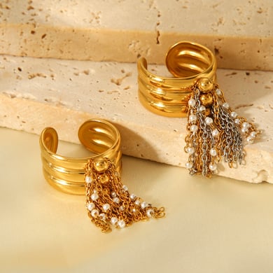 1 Piece Chic Daily Tassel Stainless Steel Gold Color Pearl Statement Rings h5 Picture6