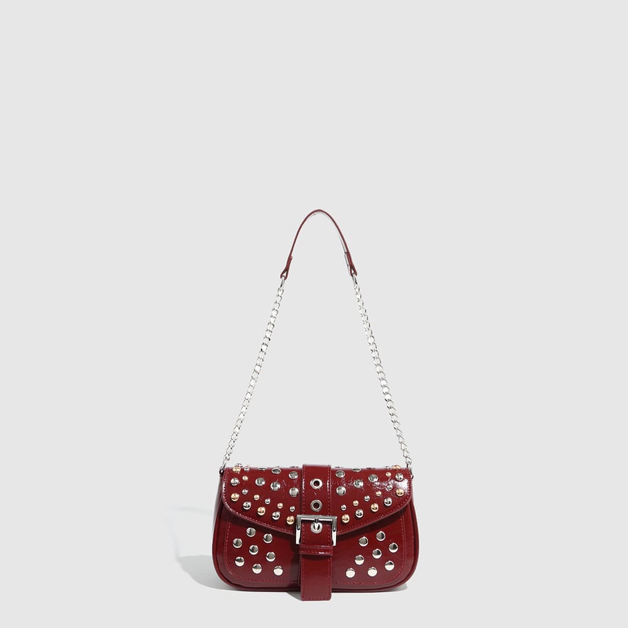 Bolso de hombro para mujer de PU con remaches de color sólido, estilo hip-pop/rock, serie simple, 1 pieza Imagen6
