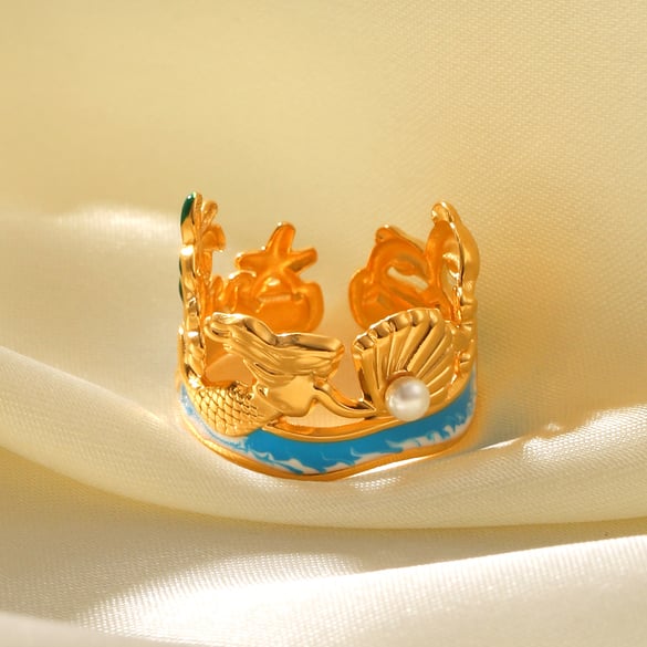 Vacation Turtle Stainless Steel  Gold Color Pearl Statement Rings 2