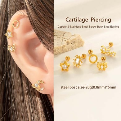 1 pieza de pendientes de perforación geométricos de cobre y circonitas doradas para mujer h5 Imagen5