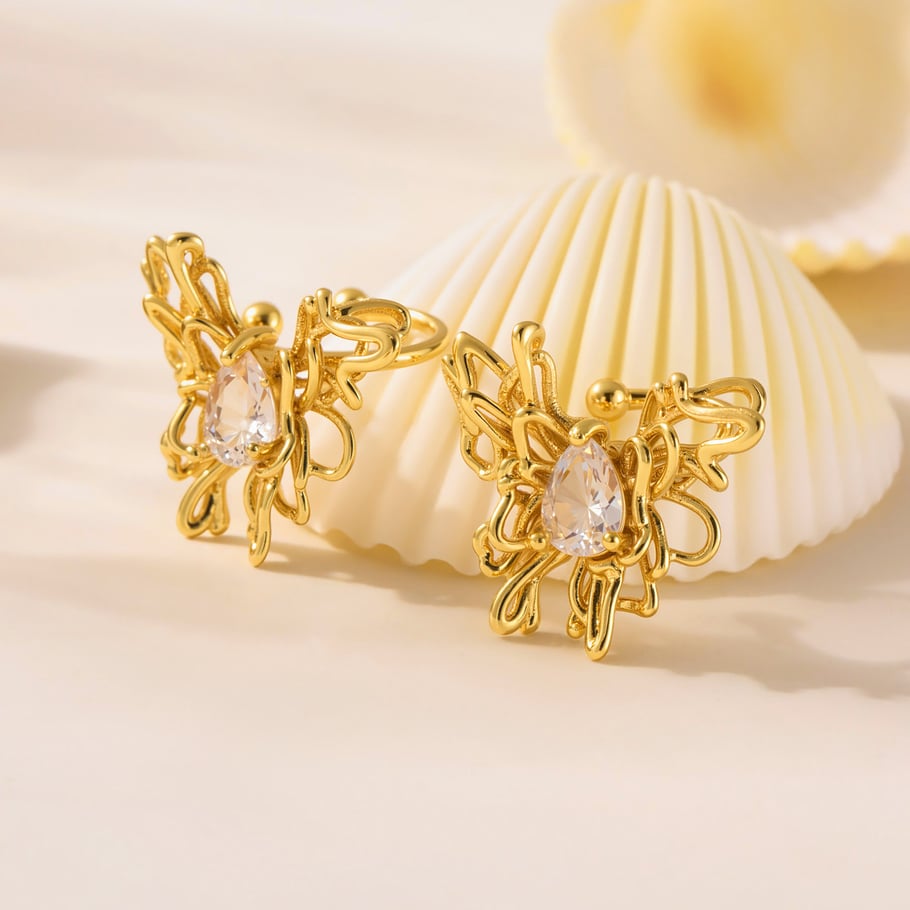 1 elegante orecchini a bottone da donna in acciaio inossidabile color oro con zirconi a forma di farfalla Immagine3
