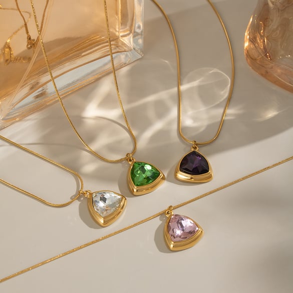 1 Piece Triangle Stainless Steel Gold Color Zircon Pendant Necklace