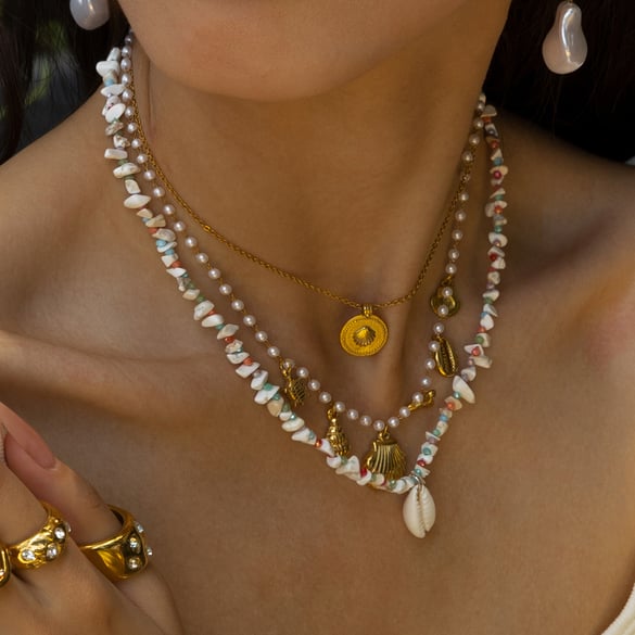 1 Piece Shell Natural Stones Gold Color Beaded Necklace